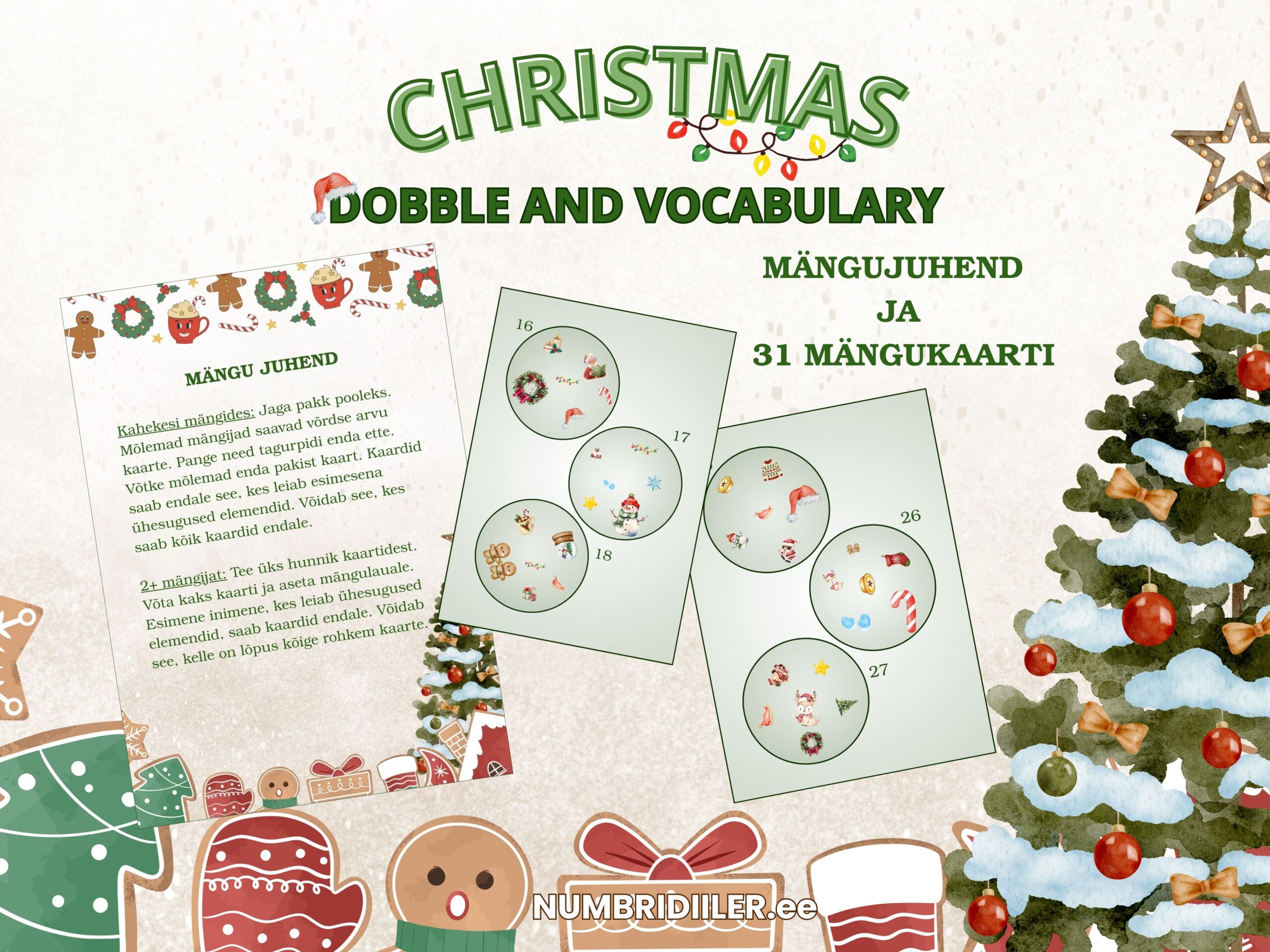 Jõulude dobble mäng, jõulude sõnavara inglise keeles